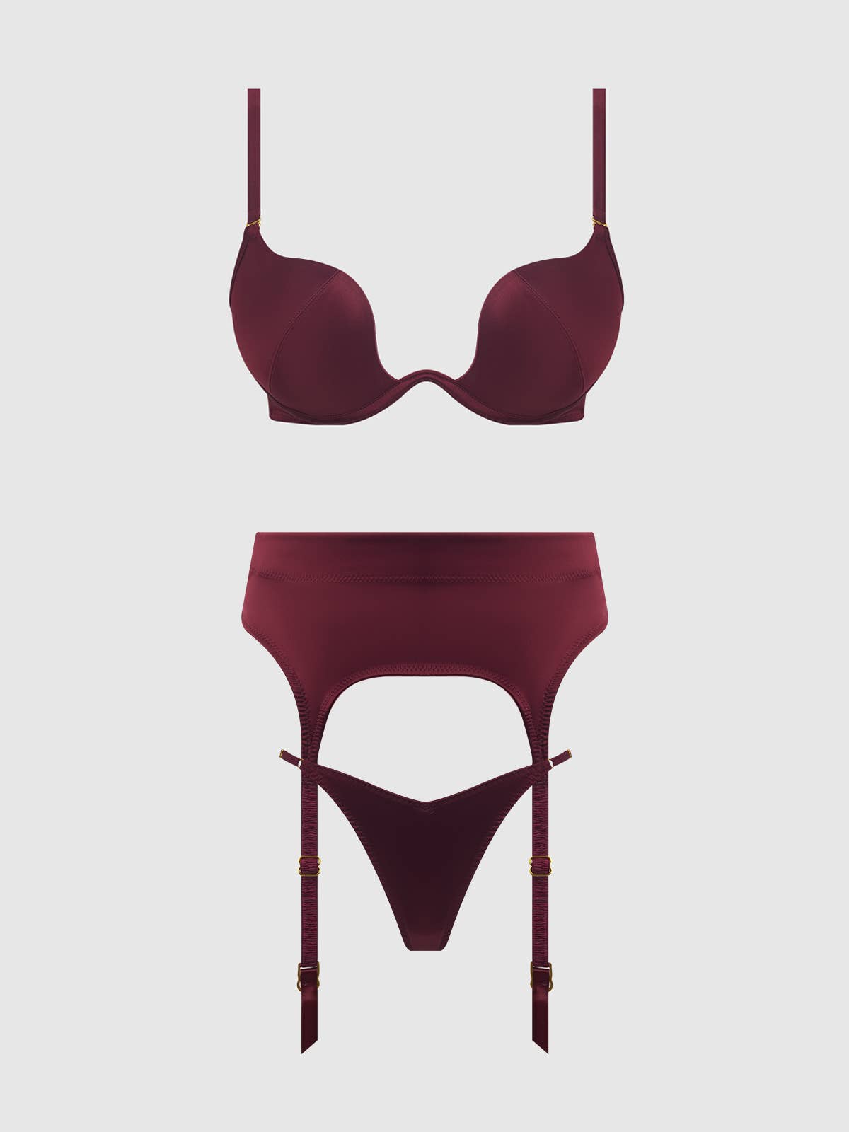 ENSEMBLE SOUTIEN - GORGE, JARRETIÈRE ET STRING EN SATIN À ENFONCEMENT PROFOND BRIGETA: ROUGE POURPRE / S - LA PIRI | BOUTIQUE EN LIGNE DE MAILLOTS DE BAIN FRANÇAIS |