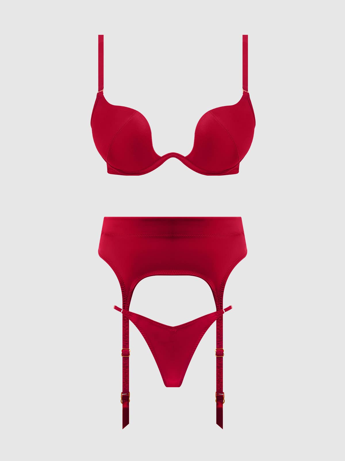 ENSEMBLE SOUTIEN - GORGE, JARRETIÈRE ET STRING EN SATIN À ENFONCEMENT PROFOND BRIGETA: ROUGE POURPRE / S - LA PIRI | BOUTIQUE EN LIGNE DE MAILLOTS DE BAIN FRANÇAIS |