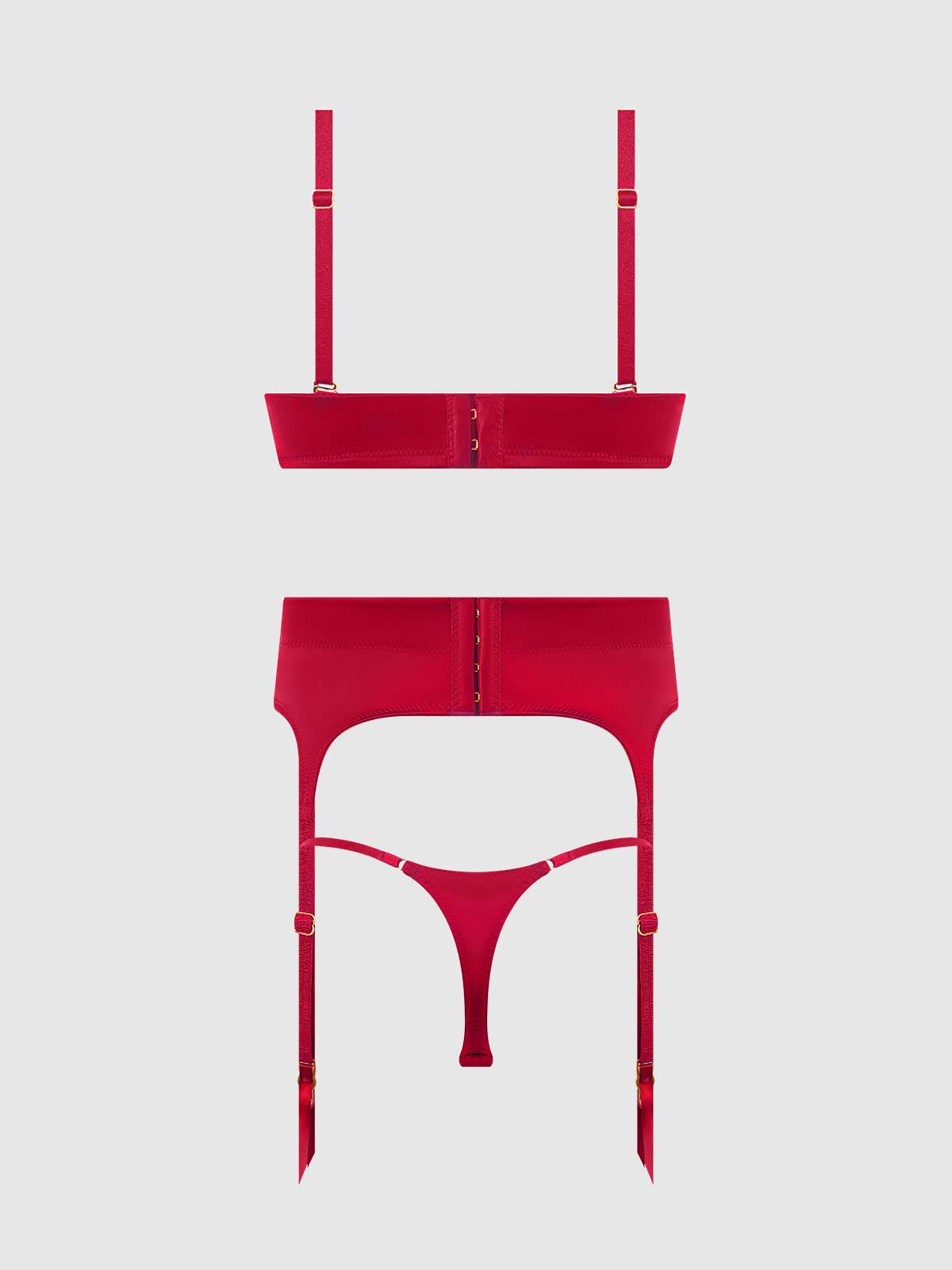 ENSEMBLE SOUTIEN - GORGE, JARRETIÈRE ET STRING EN SATIN À ENFONCEMENT PROFOND BRIGETA: ROUGE POURPRE / S - LA PIRI | BOUTIQUE EN LIGNE DE MAILLOTS DE BAIN FRANÇAIS |
