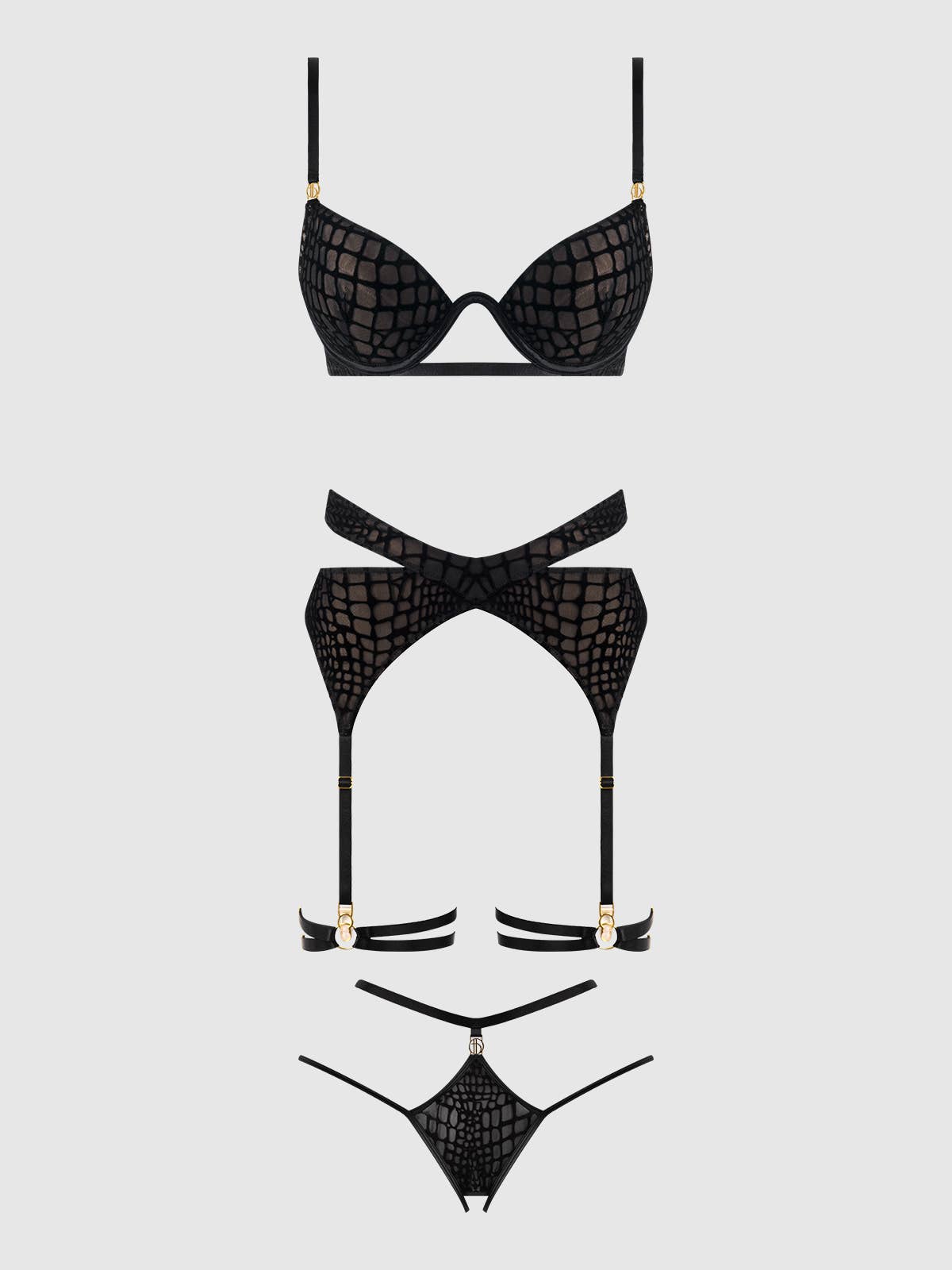 ENSEMBLE DE SOUTIEN - GORGE, JARRETELLES ET DOSSIER EN MAILLE DE VELOURS SERPENT - LA PIRI | BOUTIQUE EN LIGNE DE MAILLOTS DE BAIN FRANÇAIS |