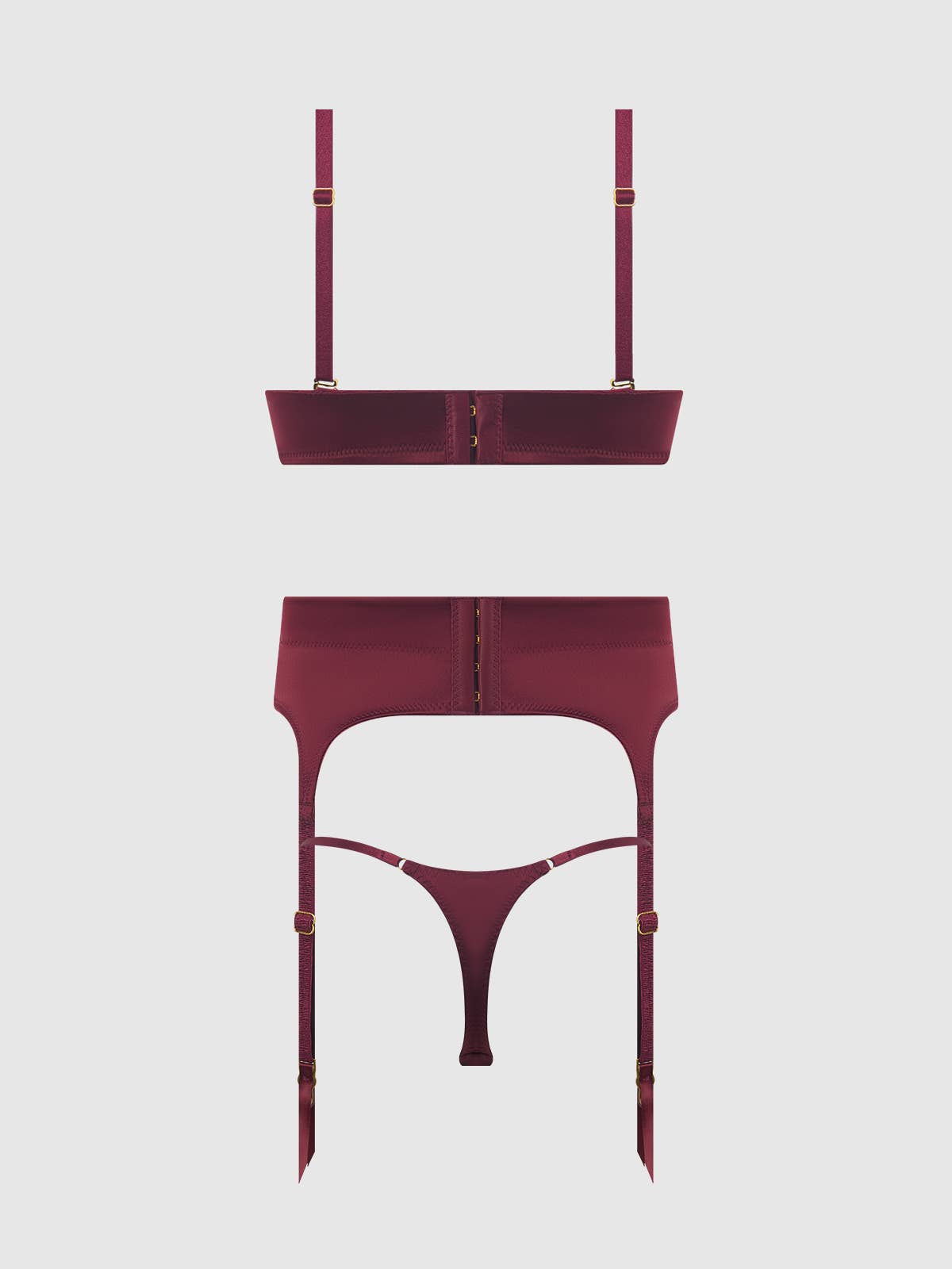 ENSEMBLE SOUTIEN - GORGE, JARRETIÈRE ET STRING EN SATIN À ENFONCEMENT PROFOND BRIGETA: ROUGE POURPRE / S - LA PIRI | BOUTIQUE EN LIGNE DE MAILLOTS DE BAIN FRANÇAIS |
