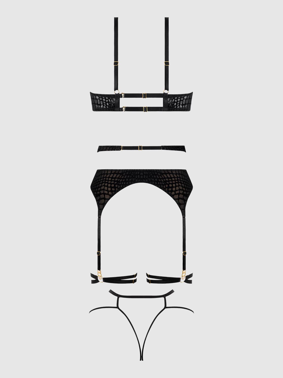 ENSEMBLE DE SOUTIEN - GORGE, JARRETELLES ET DOSSIER EN MAILLE DE VELOURS SERPENT - LA PIRI | BOUTIQUE EN LIGNE DE MAILLOTS DE BAIN FRANÇAIS |
