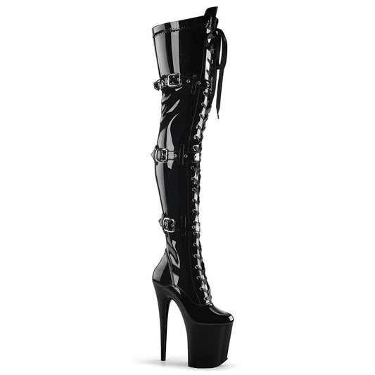 Pleaser FLAMINGO-3028 – 8" Heel, 4" PF Stretch Thigh Boot W/Buckled Straps, Side Zip Pleaser USA