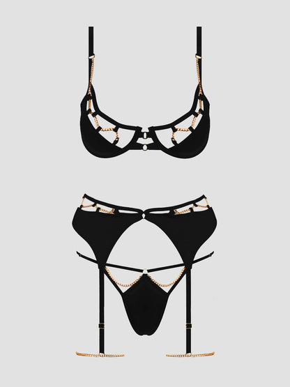 ENSEMBLE SOUTIEN - GORGE SATIN & CHAÎNE EVANGELINE, JARRETELLE DE CUISSE & STRING: ÉMERAUDE / S - LA PIRI | BOUTIQUE EN LIGNE DE BIKINIS ET LINGERIE