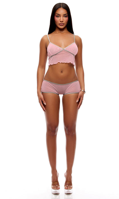 Home Body Ensemble 2 pièces caraco en maille transparente et shorty - Rose: Pink / M - LA PIRI | BOUTIQUE EN LIGNE DE BIKINIS ET LINGERIE