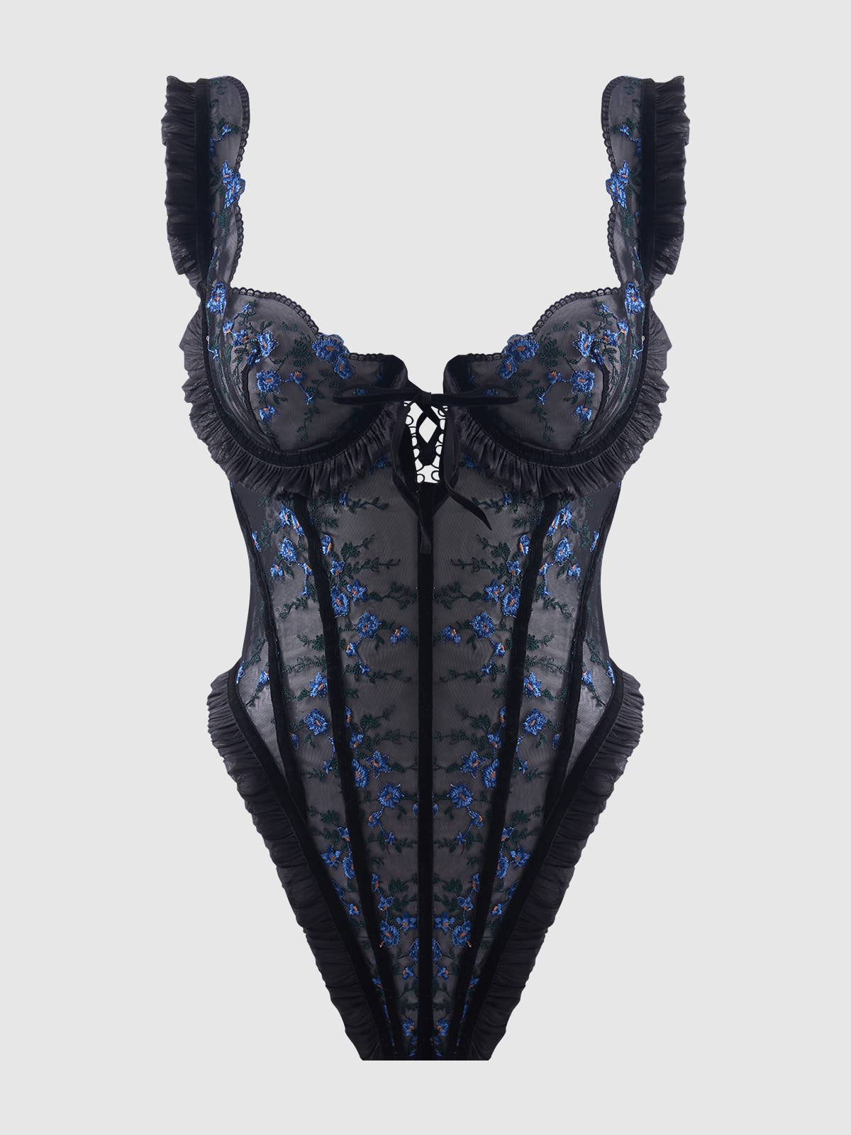 Body Harper en mesh brodé et volanté: DRAGON NOIR ET ROSE / S - LA PIRI | BOUTIQUE EN LIGNE DE BIKINIS ET LINGERIE