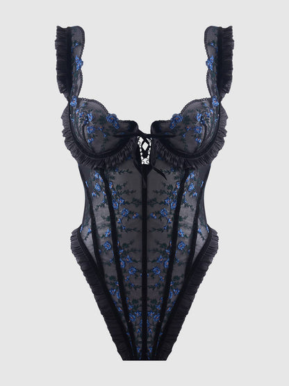 Body Harper en mesh brodé et volanté: DRAGON NOIR ET ROSE / S - LA PIRI | BOUTIQUE EN LIGNE DE BIKINIS ET LINGERIE