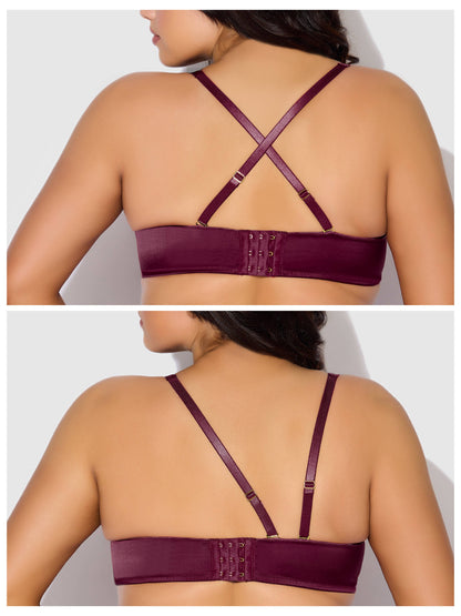 ENSEMBLE SOUTIEN-GORGE, JARRETIÈRE ET STRING EN SATIN À ENFONCEMENT PROFOND BRIGETA: BOURGOGNE / M