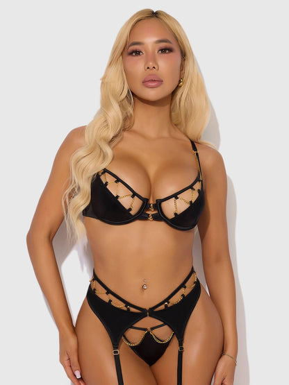 ENSEMBLE SOUTIEN - GORGE SATIN & CHAÎNE EVANGELINE, JARRETELLE DE CUISSE & STRING: ÉMERAUDE / S - LA PIRI | BOUTIQUE EN LIGNE DE BIKINIS ET LINGERIE