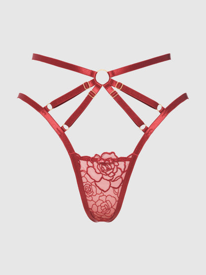 TANGA DOS NU À BRETELLES EN DENTELLE BRODÉE ROSALIE: ROUGE POURPRE / S