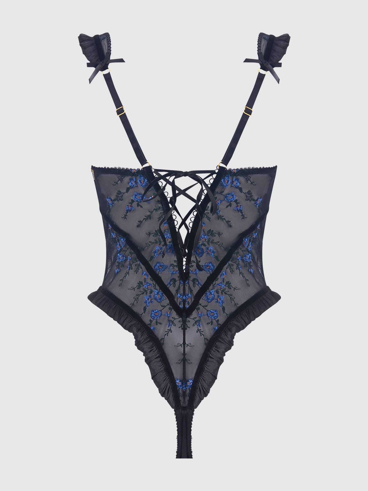 Body Harper en mesh brodé et volanté: DRAGON NOIR ET ROSE / S - LA PIRI | BOUTIQUE EN LIGNE DE BIKINIS ET LINGERIE