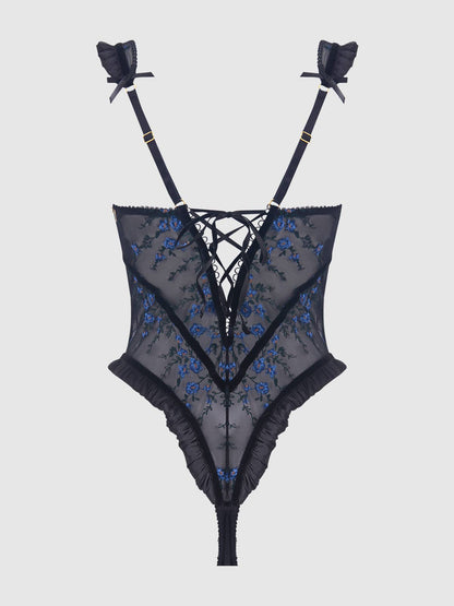 Body Harper en mesh brodé et volanté: DRAGON NOIR ET ROSE / S - LA PIRI | BOUTIQUE EN LIGNE DE BIKINIS ET LINGERIE