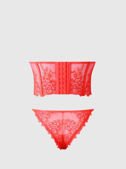 ENSEMBLE BUSTIER ET TANGA BRODÉ EDEN: CORAIL / S - LA PIRI | BOUTIQUE EN LIGNE DE BIKINIS ET LINGERIE