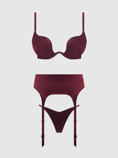 ENSEMBLE SOUTIEN-GORGE, JARRETIÈRE ET STRING EN SATIN À ENFONCEMENT PROFOND BRIGETA: BOURGOGNE / M