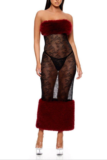 Ensemble nuisette en dentelle et fausse fourrure "Fur The Night": Wine / S - LA PIRI | BOUTIQUE EN LIGNE DE BIKINIS ET LINGERIE