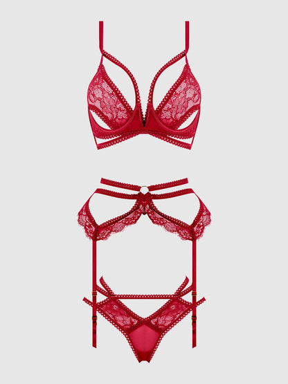 ENSEMBLE SOUTIEN-GORGE, JARRETIÈRE ET HIPSTER EN DENTELLE À BRETELLES BIANCA