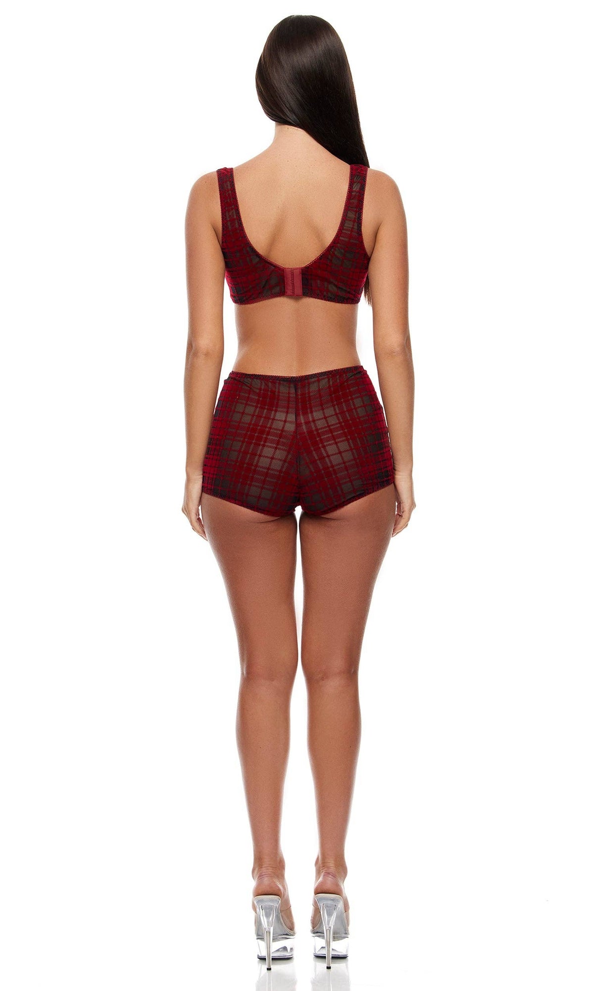 Ensemble de lingerie en dentelle à carreaux en velours : bralette et culottes: Rouge / M - LA PIRI | BOUTIQUE EN LIGNE DE BIKINIS ET LINGERIE