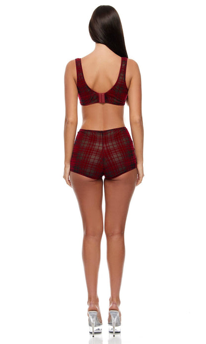 Ensemble de lingerie en dentelle à carreaux en velours : bralette et culottes: Rouge / M - LA PIRI | BOUTIQUE EN LIGNE DE BIKINIS ET LINGERIE