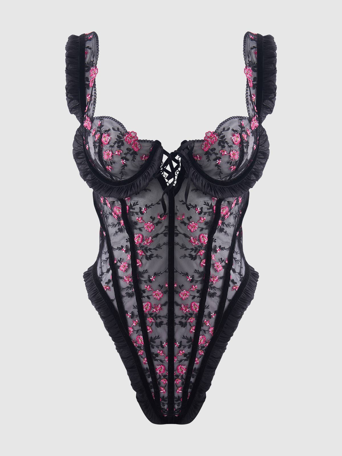 Body Harper en mesh brodé et volanté: DRAGON NOIR ET ROSE / S - LA PIRI | BOUTIQUE EN LIGNE DE BIKINIS ET LINGERIE