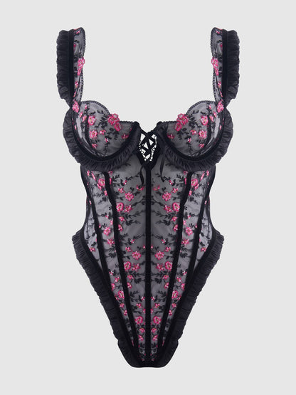 Body Harper en mesh brodé et volanté: DRAGON NOIR ET ROSE / S - LA PIRI | BOUTIQUE EN LIGNE DE BIKINIS ET LINGERIE
