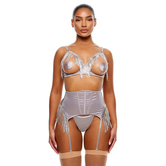 Ensemble de lingerie Peep Show avec soutien - gorge à franges et serre - taille à sequins - Argent: Argent / S - LA PIRI | BOUTIQUE EN LIGNE DE BIKINIS ET LINGERIE