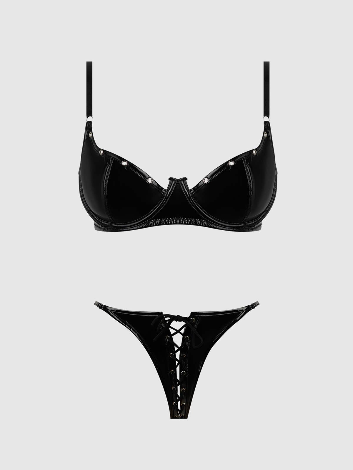 ENSEMBLE SOUTIEN - GORGE VERNI TRINITY ET CULOTTE À LACETS SANS ENTREJAMBE: Noir / S - LA PIRI | BOUTIQUE EN LIGNE DE BIKINIS ET LINGERIE