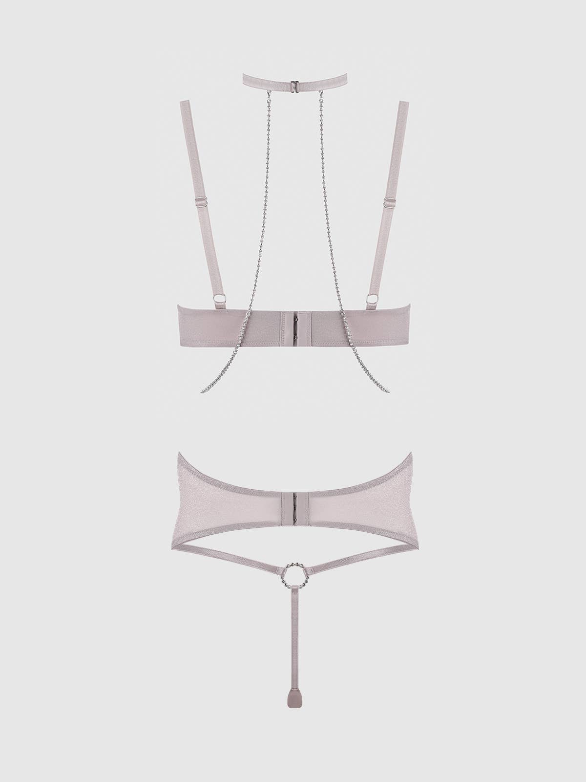 ENSEMBLE SOUTIEN - GORGE DEMI PRÉSLEY EN STRASS ET MAILLE, PORTE - JARRETELLES ET STRING: GRIS ARGENT / M - LA PIRI | BOUTIQUE EN LIGNE DE BIKINIS ET LINGERIE