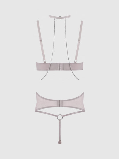 ENSEMBLE SOUTIEN - GORGE DEMI PRÉSLEY EN STRASS ET MAILLE, PORTE - JARRETELLES ET STRING: GRIS ARGENT / M - LA PIRI | BOUTIQUE EN LIGNE DE BIKINIS ET LINGERIE
