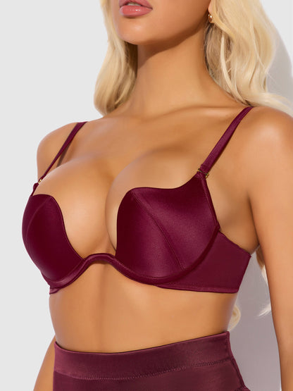 ENSEMBLE SOUTIEN-GORGE, JARRETIÈRE ET STRING EN SATIN À ENFONCEMENT PROFOND BRIGETA: BOURGOGNE / M