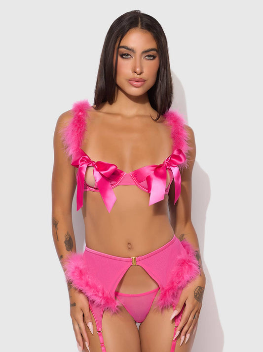 ENSEMBLE SOUTIEN - GORGE OUVRABLE MARILYN MARABOU & MAILLE, PORTE - JARRETELLES ET STRING: DRAGON ROSE / S - LA PIRI | BOUTIQUE EN LIGNE DE BIKINIS ET LINGERIE