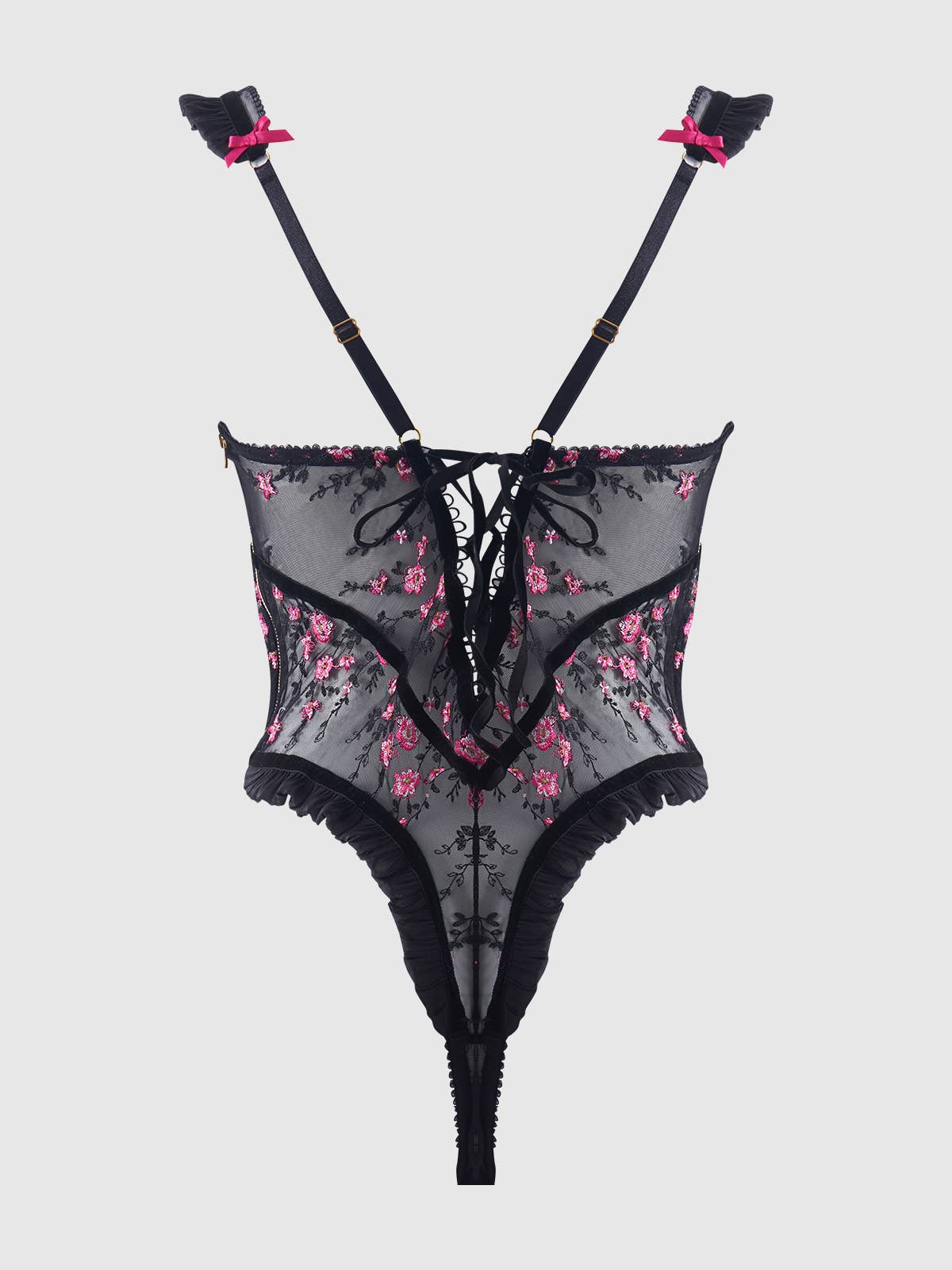 Body Harper en mesh brodé et volanté: DRAGON NOIR ET ROSE / S - LA PIRI | BOUTIQUE EN LIGNE DE BIKINIS ET LINGERIE