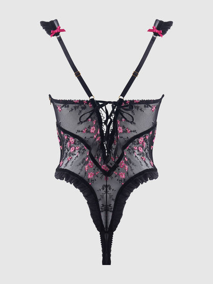 Body Harper en mesh brodé et volanté: DRAGON NOIR ET ROSE / S - LA PIRI | BOUTIQUE EN LIGNE DE BIKINIS ET LINGERIE