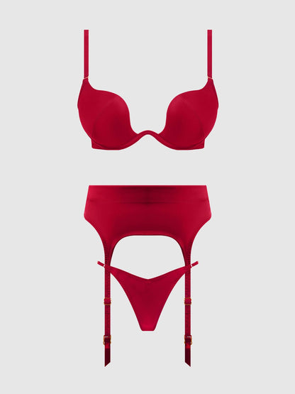 ENSEMBLE SOUTIEN-GORGE, JARRETIÈRE ET STRING EN SATIN À ENFONCEMENT PROFOND BRIGETA: BOURGOGNE / M