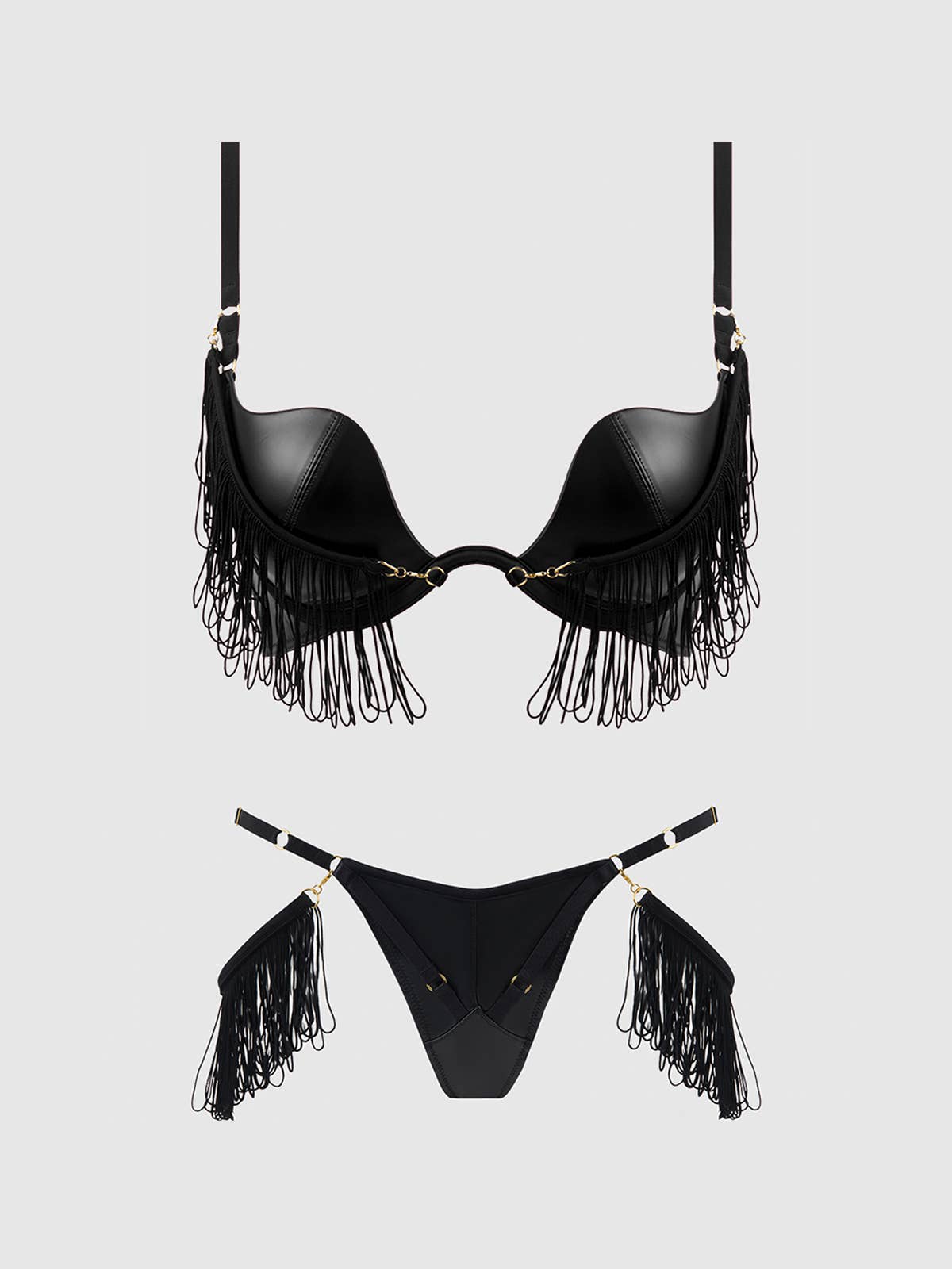 Ensemble soutiens-gorge push-up et string en similicuir à franges PHOENIX: Noir / 1X/2X House of Desire
