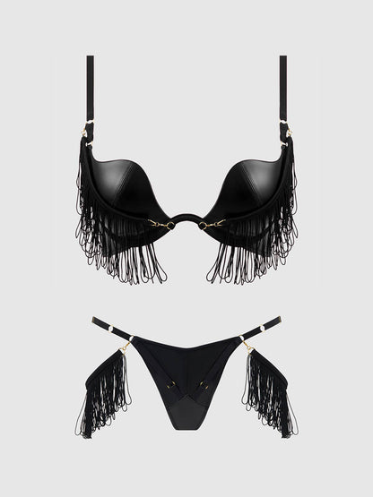 Ensemble soutiens-gorge push-up et string en similicuir à franges PHOENIX: Noir / 1X/2X House of Desire