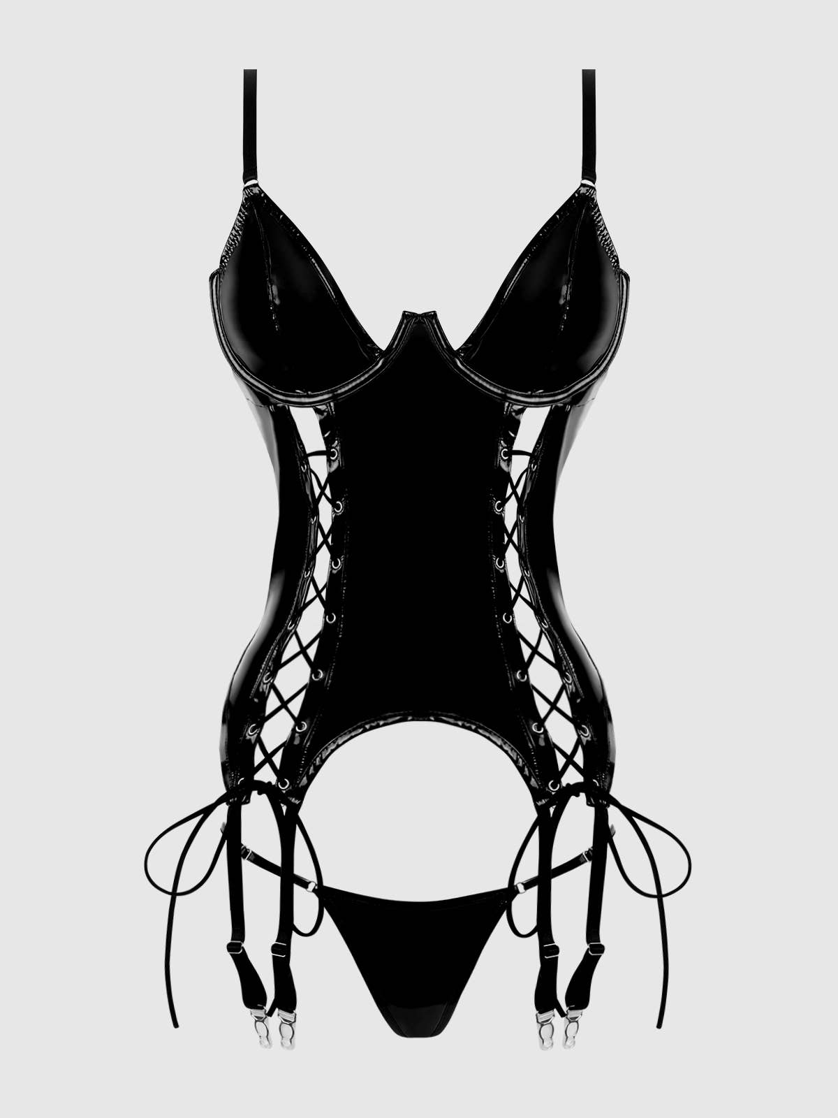 Ensemble bustier lacé en vinyle brillant Trinity avec string G: Noir / S - LA PIRI | BOUTIQUE EN LIGNE DE BIKINIS ET LINGERIE