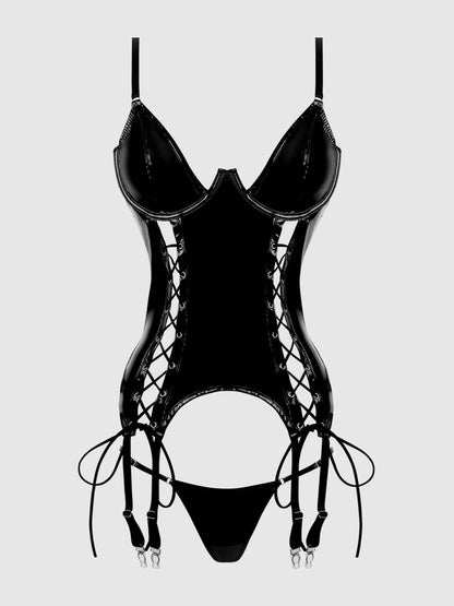 Ensemble bustier lacé en vinyle brillant Trinity avec string G: Noir / S - LA PIRI | BOUTIQUE EN LIGNE DE BIKINIS ET LINGERIE