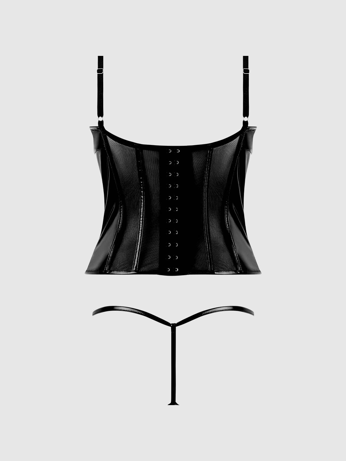 Ensemble bustier lacé en vinyle brillant Trinity avec string G: Noir / S - LA PIRI | BOUTIQUE EN LIGNE DE BIKINIS ET LINGERIE