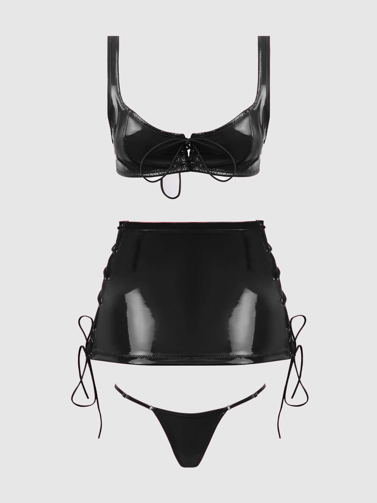 Ensemble bralette à lacets, jupe et string en vinyle brillant TRINITY: Rouge / S - LA PIRI | BOUTIQUE EN LIGNE DE BIKINIS ET LINGERIE