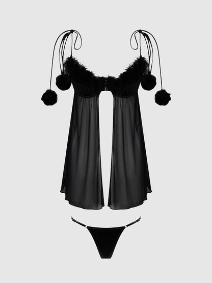 ENSEMBLE BABYDOLL EN MARABOU ET MAILLE MARILYN AVEC STRING: NOIR / S - LA PIRI | BOUTIQUE EN LIGNE DE BIKINIS ET LINGERIE