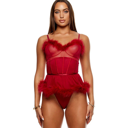 Ensemble lingerie teddy en mesh transparent à plumes de marabout - bordeaux: Vin / S - LA PIRI | BOUTIQUE EN LIGNE DE BIKINIS ET LINGERIE