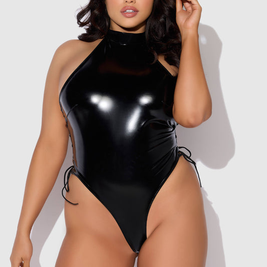 Body dos nu halter en vinyle verni à lacets Trinity: Noir / L - LA PIRI | BOUTIQUE EN LIGNE DE BIKINIS ET LINGERIE