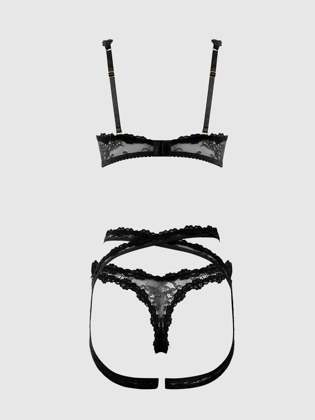 ENSEMBLE YVONE EN DENTELLE : SOUTIEN - GORGE, PORTE - JARRETELLES ET TANGA: Noir / S - LA PIRI | BOUTIQUE EN LIGNE DE BIKINIS ET LINGERIE