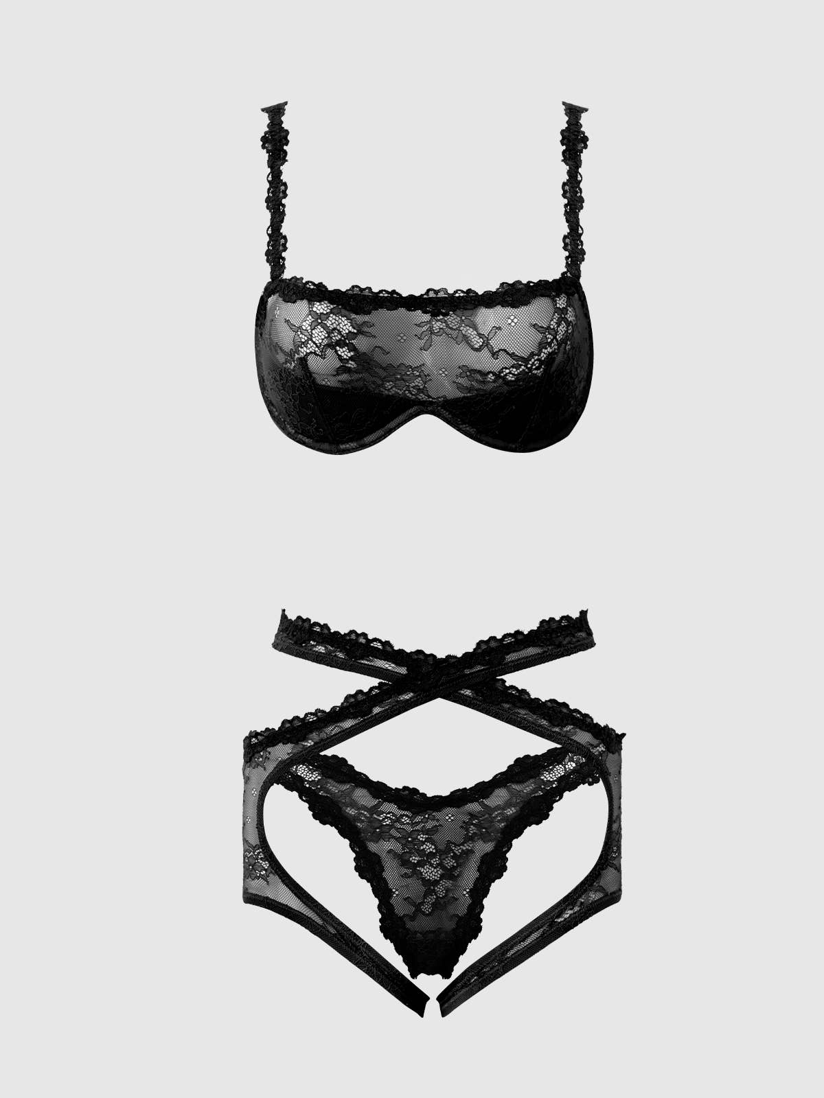 ENSEMBLE YVONE EN DENTELLE : SOUTIEN - GORGE, PORTE - JARRETELLES ET TANGA: Noir / S - LA PIRI | BOUTIQUE EN LIGNE DE BIKINIS ET LINGERIE