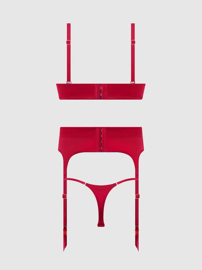 ENSEMBLE SOUTIEN-GORGE, JARRETIÈRE ET STRING EN SATIN À ENFONCEMENT PROFOND BRIGETA: BOURGOGNE / M
