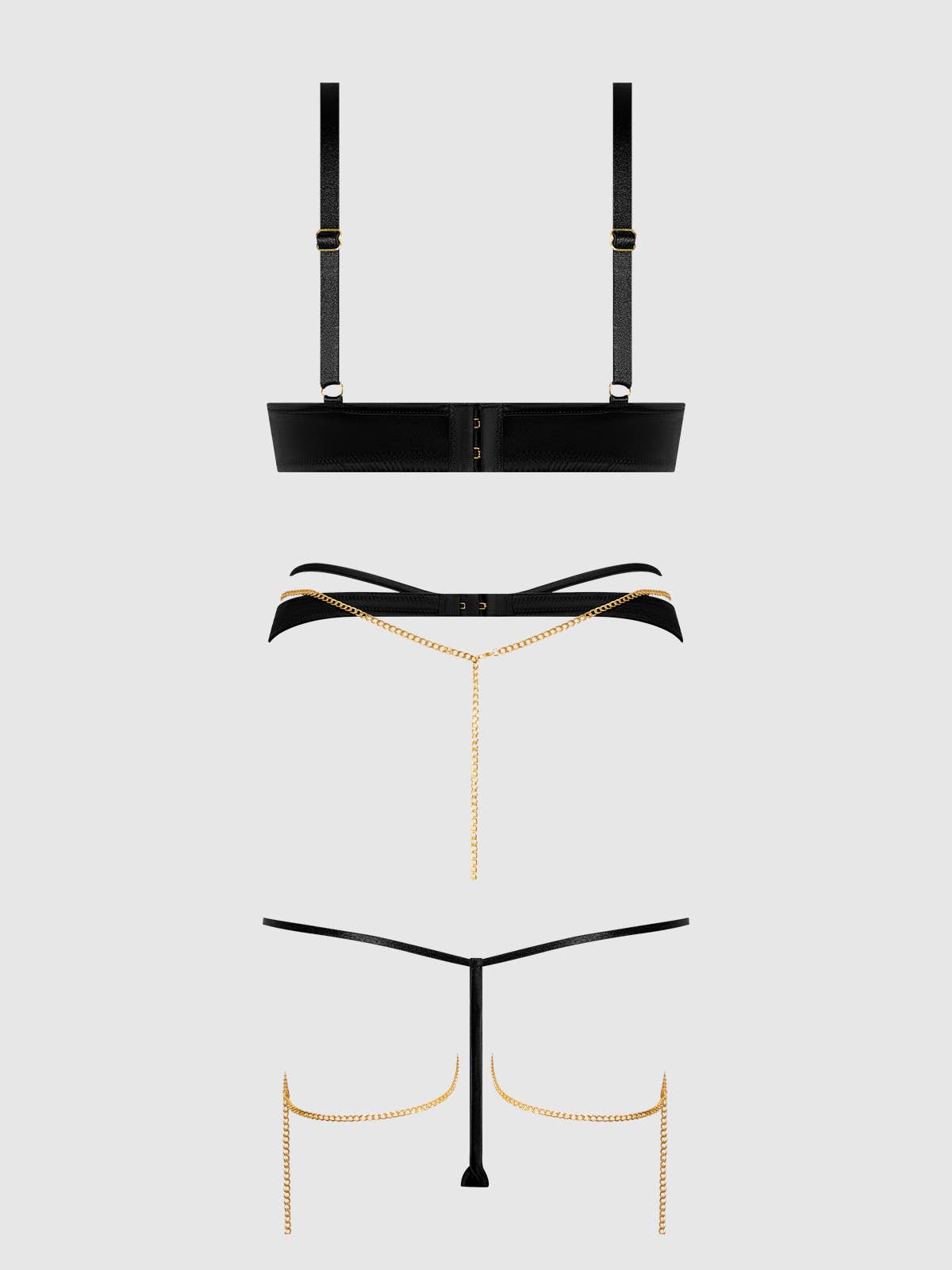 ENSEMBLE SOUTIEN - GORGE SATIN & CHAÎNE EVANGELINE, JARRETELLE DE CUISSE & STRING: NOIR / S - LA PIRI | BOUTIQUE EN LIGNE DE BIKINIS ET LINGERIE