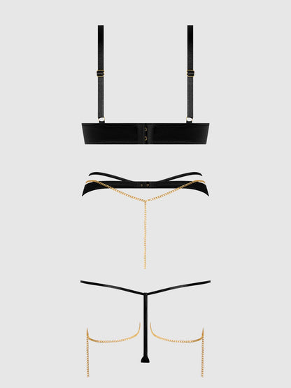 ENSEMBLE SOUTIEN - GORGE SATIN & CHAÎNE EVANGELINE, JARRETELLE DE CUISSE & STRING: NOIR / S - LA PIRI | BOUTIQUE EN LIGNE DE BIKINIS ET LINGERIE