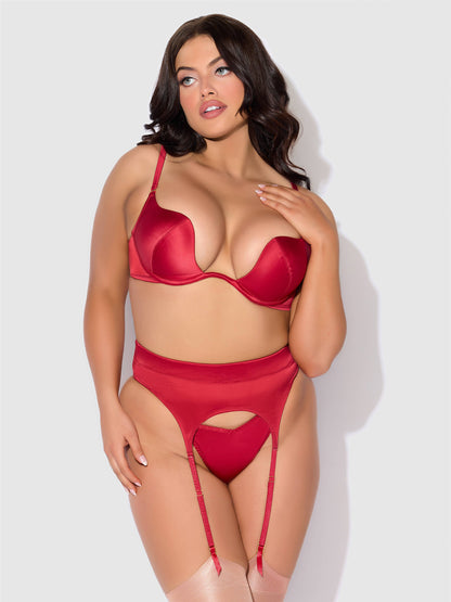 ENSEMBLE SOUTIEN-GORGE, JARRETIÈRE ET STRING EN SATIN À ENFONCEMENT PROFOND BRIGETA: BOURGOGNE / M