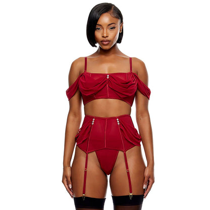 Ensemble de lingerie avec soutien - gorge en maille drapée et jupe jarretelles Princess Treatment - Wine: Vin / S - LA PIRI | BOUTIQUE EN LIGNE DE BIKINIS ET LINGERIE
