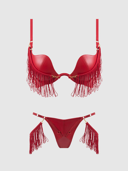 ENSEMBLE SOUTIEN-GORGE PUSH-UP ET STRING EN SIMILICUIR À FRANGES ET EN SIMILICUIR PHOENIX